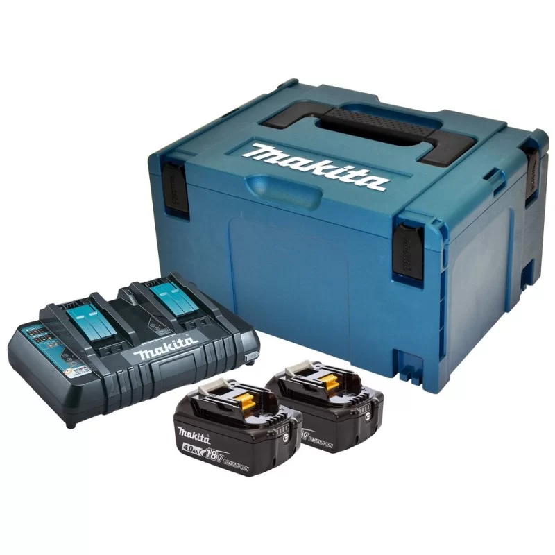 Pack Énergie 18V Li-Ion Makita 2 batteries BL1840 4.0 Ah + chargeur DC18RD + coffret Makpac