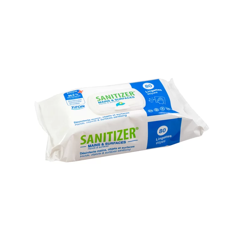 Lingettes désinfectantes Sanitizer pour mains et surfaces sachet de 80