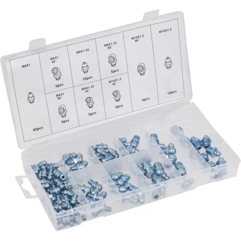 Assortiment de 110 graisseurs droit 45° et 90° en coffret plastique