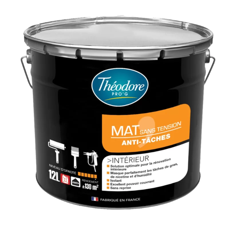 Peinture intérieure de rénovation sans tension anti-tâches Théodore Pro'G - Blanc mat - Pot 12L