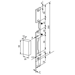 Têtière de gâche électrique Vachette réversible double empennage en alu - 250 x 25 mm