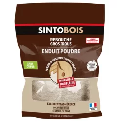 Enduit poudre rebouche bois - Fentes, gros trous, fissures - SintoBois - Bois clair - Sachet 1 kg