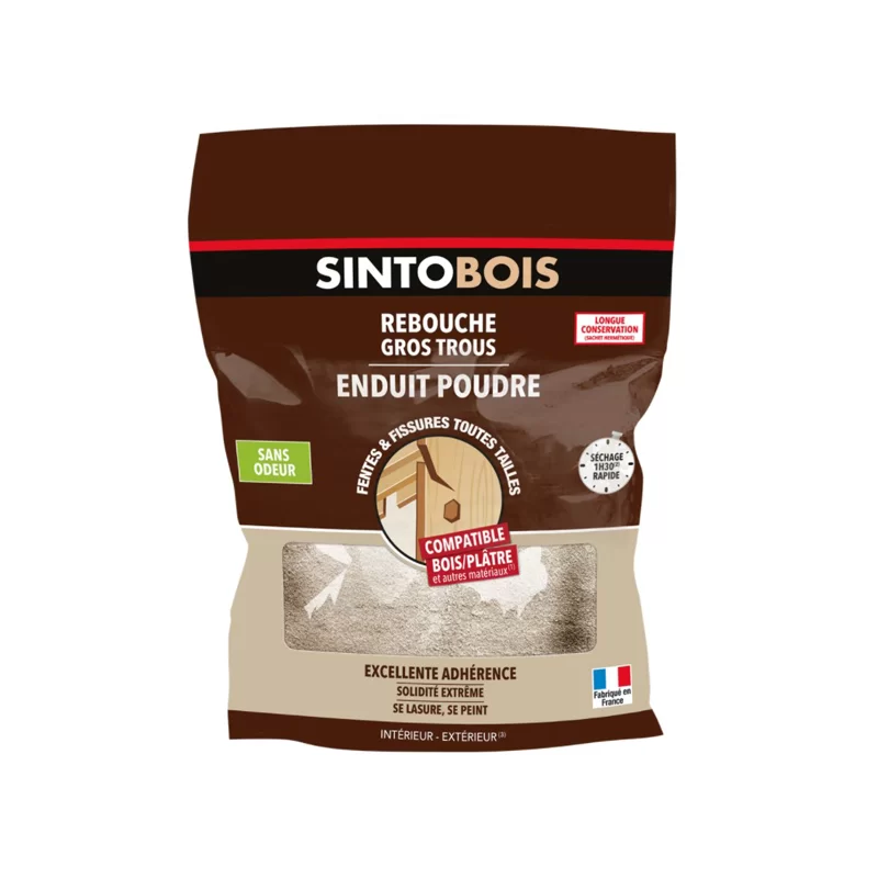 Enduit poudre rebouche bois - Fentes, gros trous, fissures - SintoBois - Bois clair - Sachet 1 kg