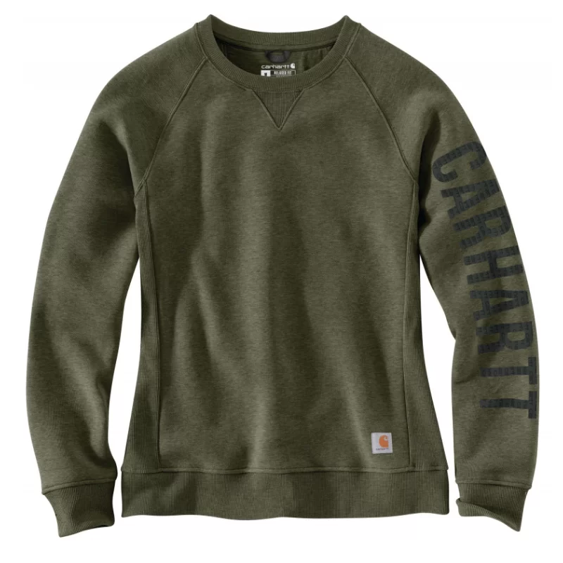 Sweat femme Crewneck col rond logo Carhartt sur manche Vert Militaire