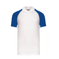 Polo baseball bicolore 100% coton piqué 200 g/m² Blanc et Bleu Royal