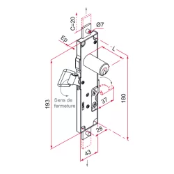 Serrure 3 points crochet décalé acier électrozingué épaisseur 13 mm