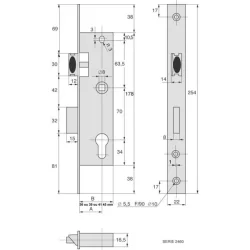 Serrure pêne dormant 1/2 tour Entraxe 70mm Fouillot carré C8 Têtière 22mm Inox L39