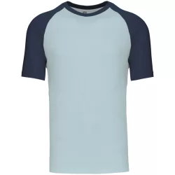 Tee shirt Base Ball KARIBAN col rond manche courte bicolore 100% coton Ice Blue et Denim