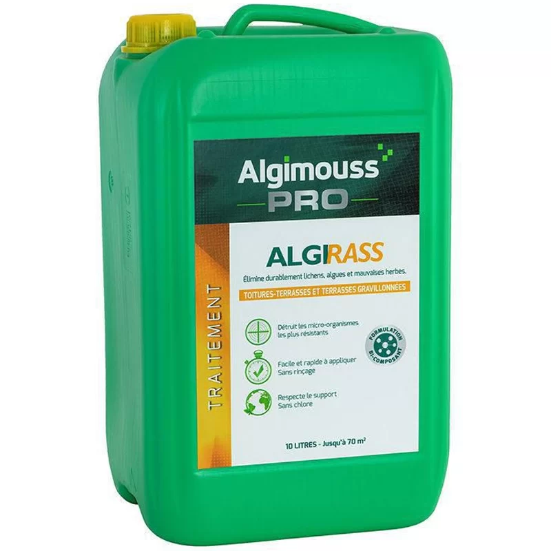 Traitement fongicide Algirass base antimousse pour toitures terrasses gravillonnées Bidon 10L