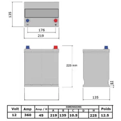 Batterie Attractiv' N°08 - liquide 12 V - 45 Ah - 360 A - 217x135x225