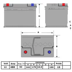 Batterie Attractiv' N°11 - liquide 12 V - 62 Ah - 480 A - 242x175x190