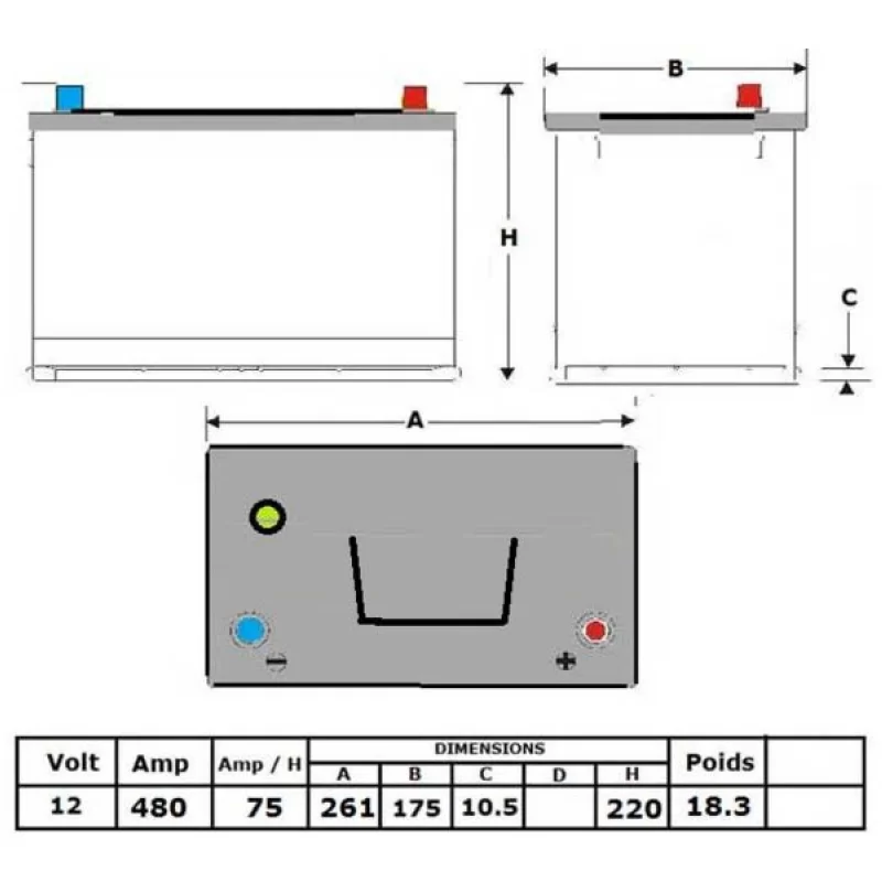 N°14 Batterie liquide 12 V - 75 Ah - 480 A - 261x175x220