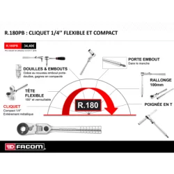 Cliquet 1/4  ultra-compact Facom tête flexible 180° pour embouts 1/4