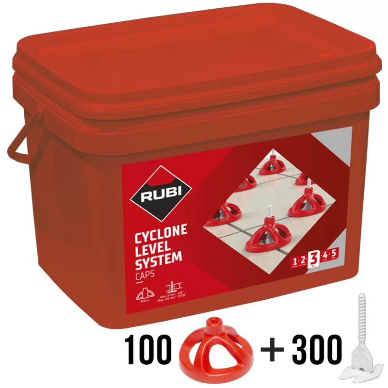 Kit de nivellement Cyclone Rubi contenant 100 coupelles et 300 bases