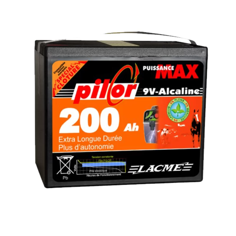 Pile Zéro mercure Pilor alcaline Lacmé 9 V / 200 Ah pour clôtures électriques